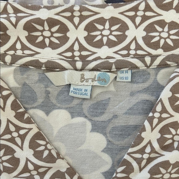 Boden Pretty Boho Tan/Navy Floral 3/4 Sleeve Patterned Midi Dress **Size 10** 🌸🌸 - Picture 5 of 7